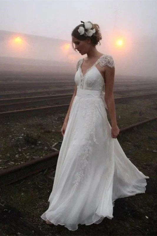 Chiffon Sleeveless V-Neck Lace Wedding Dress by misshow.com