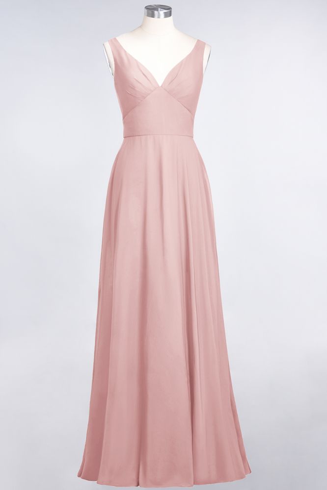Chiffon V-Neck Straps Sleeveless Ruffles Floor-Length Bridesmaid Dress with Open Back