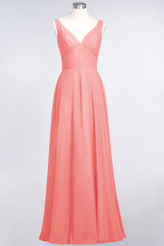 Chiffon V-Neck Straps Sleeveless Ruffles Floor-Length Bridesmaid Dress with Open Back