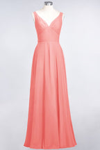 Chiffon V-Neck Straps Sleeveless Ruffles Floor-Length Bridesmaid Dress with Open Back