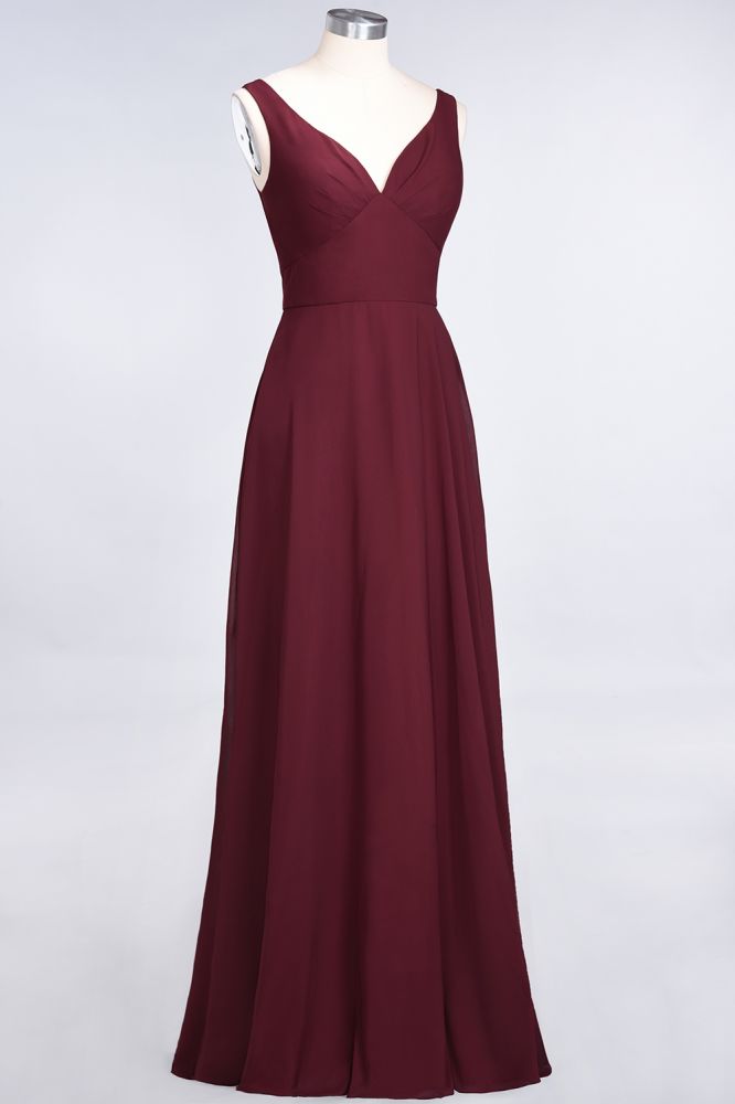 Chiffon V-Neck Straps Sleeveless Ruffles Floor-Length Bridesmaid Dress with Open Back