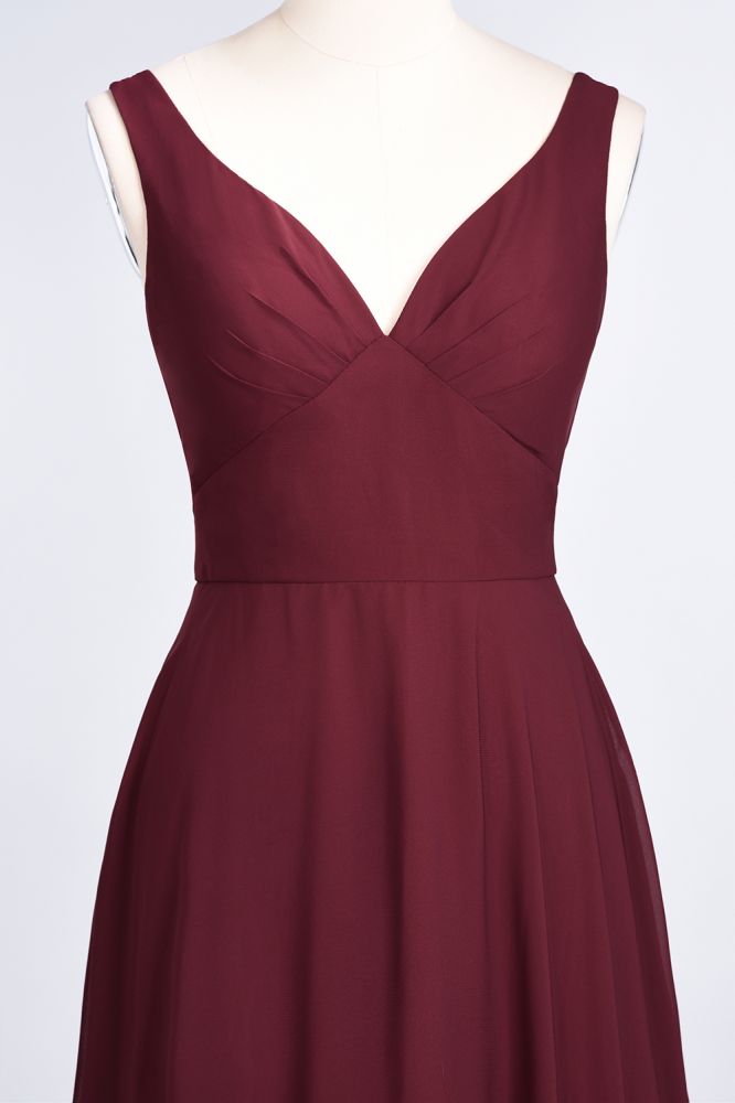 Chiffon V-Neck Straps Sleeveless Ruffles Floor-Length Bridesmaid Dress with Open Back