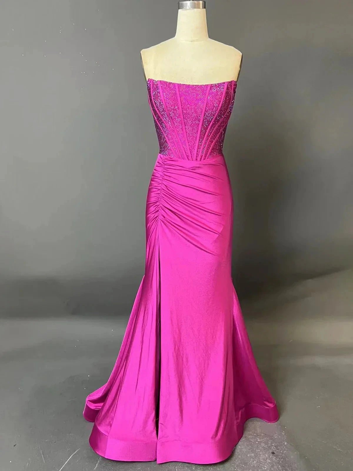Chime | White Mermaid Strapless Satin Long Prom Dresses With Beading by KissProm