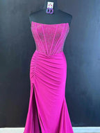 Chime | White Mermaid Strapless Satin Long Prom Dresses With Beading by KissProm