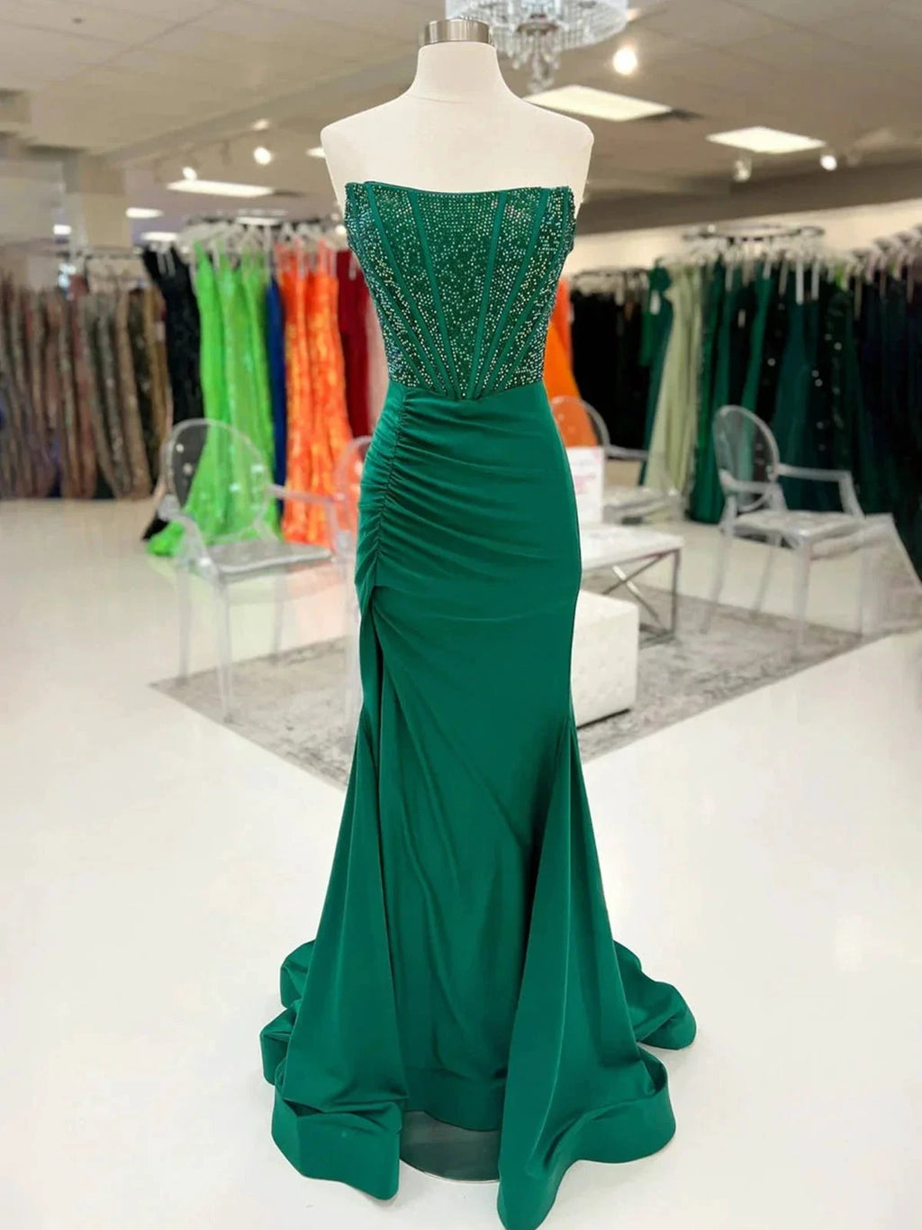 Chime | White Mermaid Strapless Satin Long Prom Dresses With Beading by KissProm