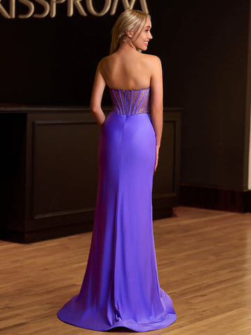 Arana| Fuchsia Meerjungfrau-Kleid, trägerlos, langes Satin-Ballkleid mit Perlen