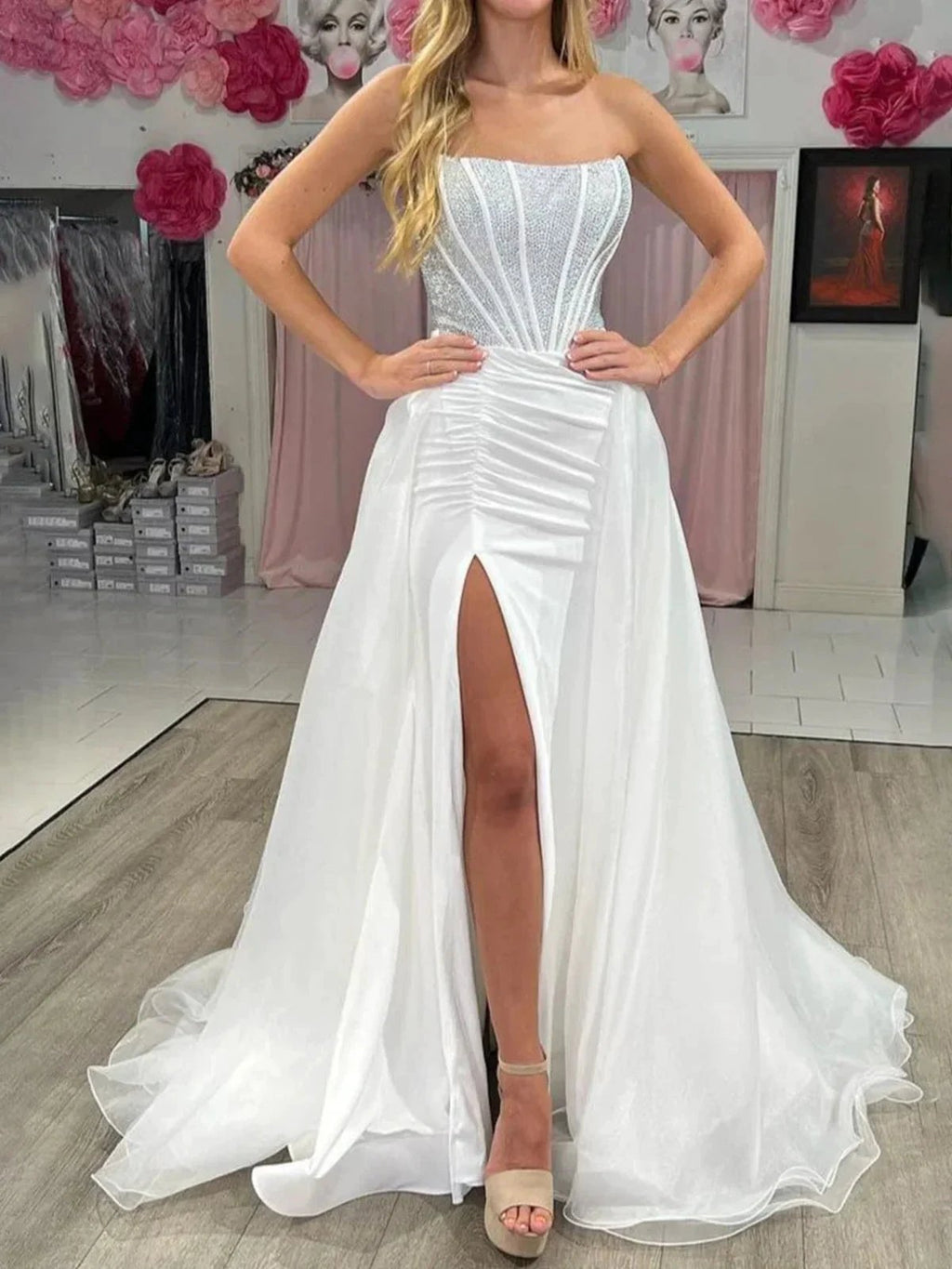 Chime | White Mermaid Strapless Satin Long Prom Dresses With Beading by KissProm