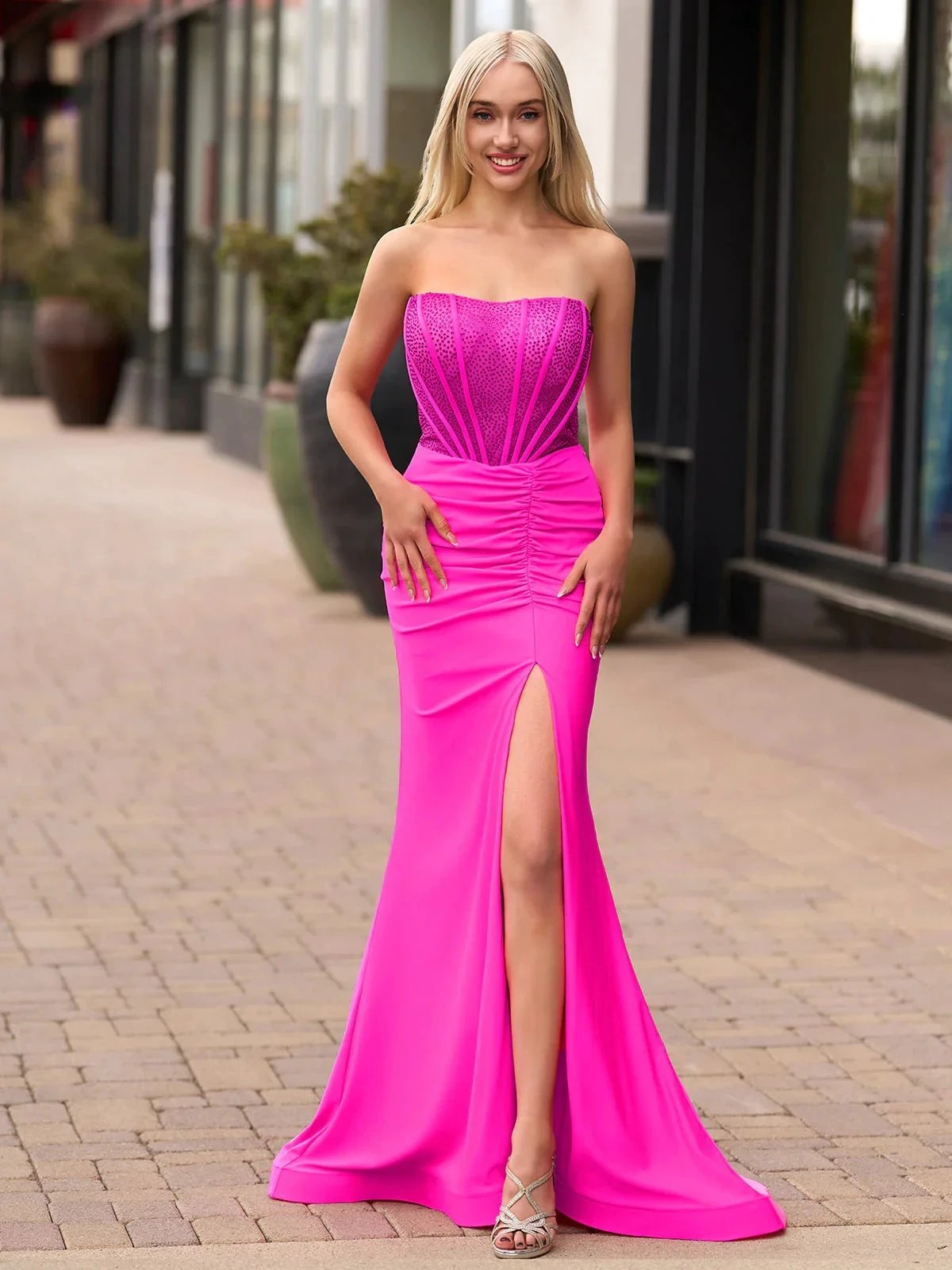 Arana| Fuchsia Mermaid Strapless Satin Long Prom Dresses With Beading by KissProm