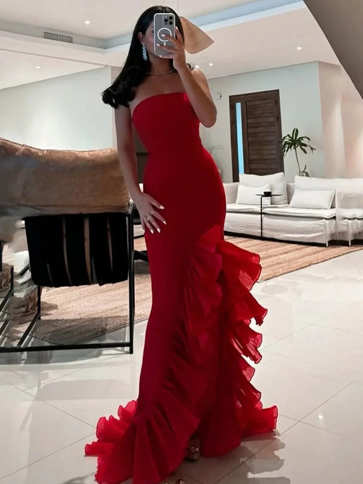 Theodoric | Red Strapless Ruffles Scoop Neck Mermaid Sleeveless Long Prom Dress by KissProm