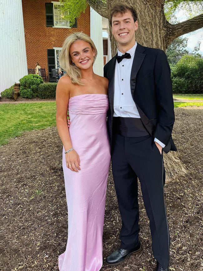 Christabel | Vestido de fiesta largo rosa fruncido sin tirantes  Hover Image