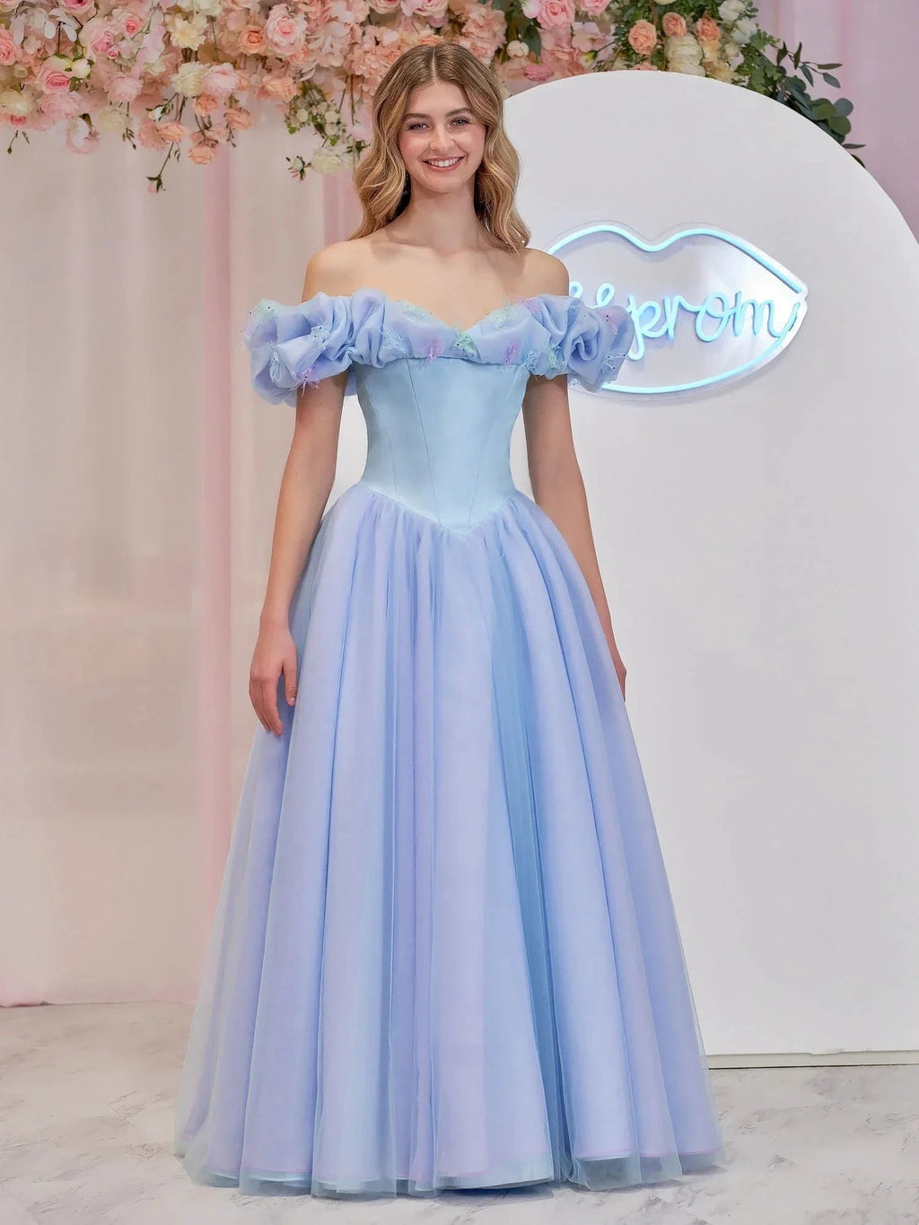 Isabel | Cinderella Blue Tulle Off the Shoulder With Crystals & Butterflies Ball Gown by KissProm