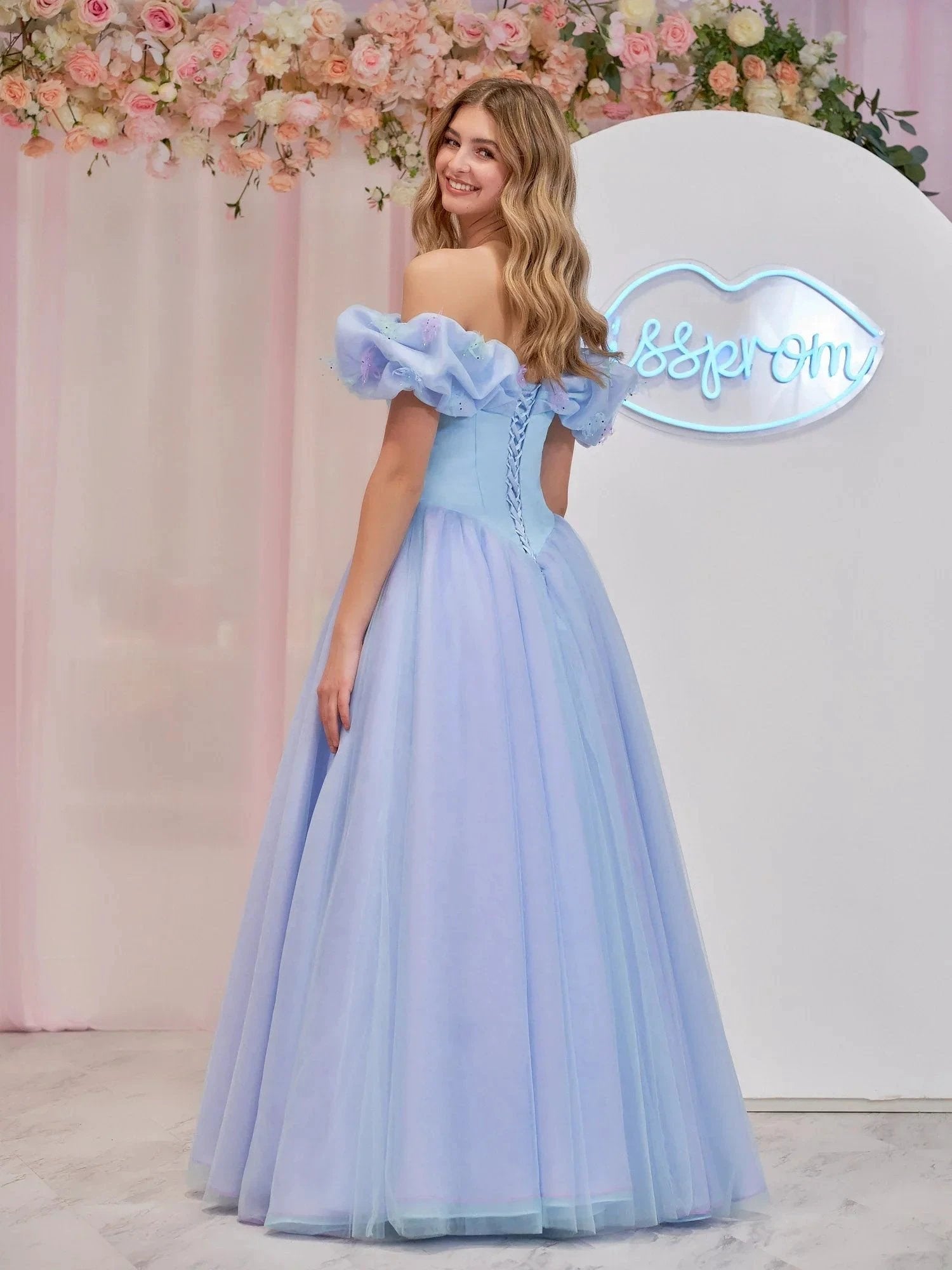 Isabel | Cinderella Blue Tulle Off the Shoulder With Crystals & Butterflies Ball Gown by KissProm