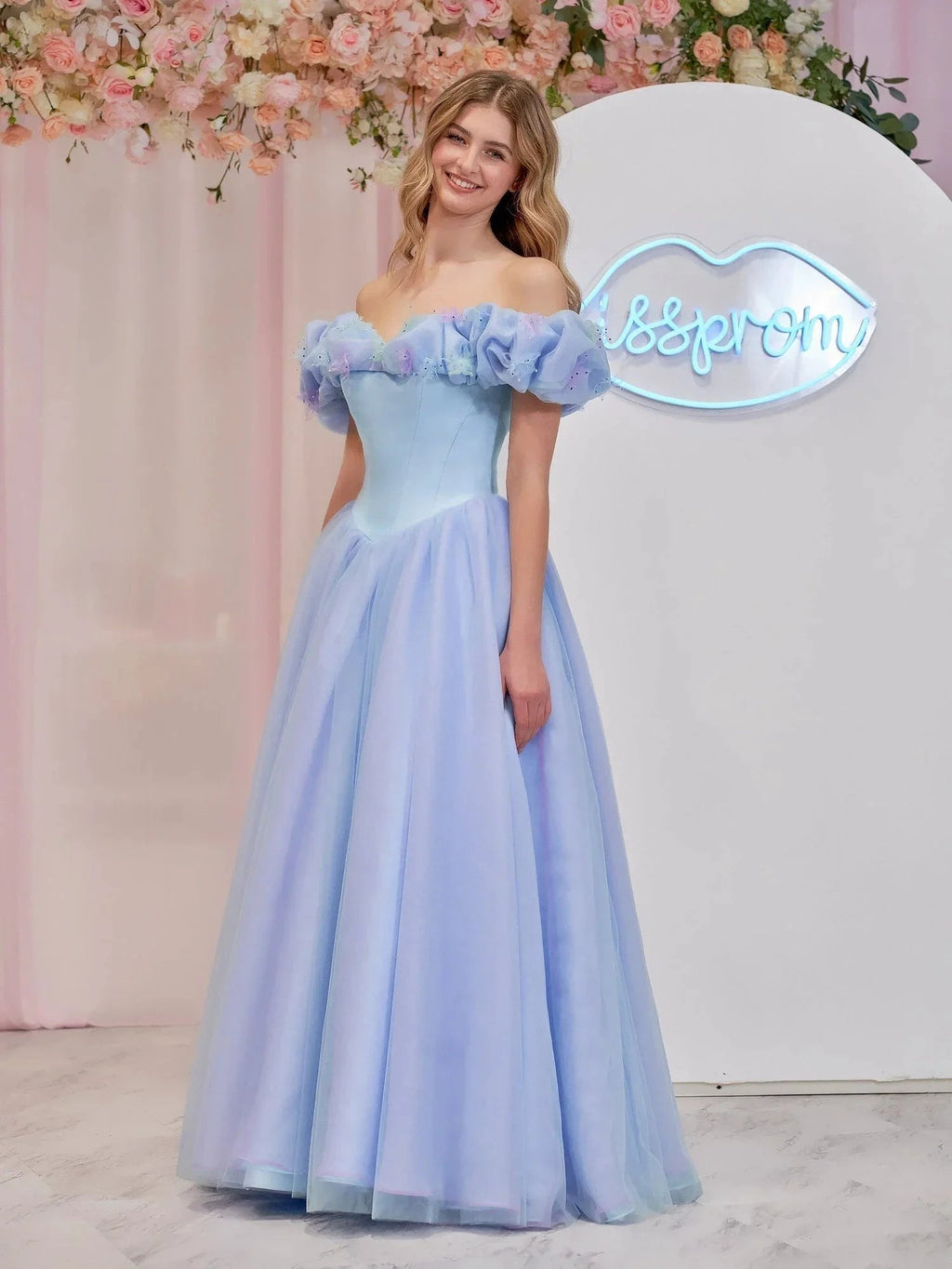 Isabel | Cinderella Blue Tulle Off the Shoulder With Crystals & Butterflies Ball Gown by KissProm