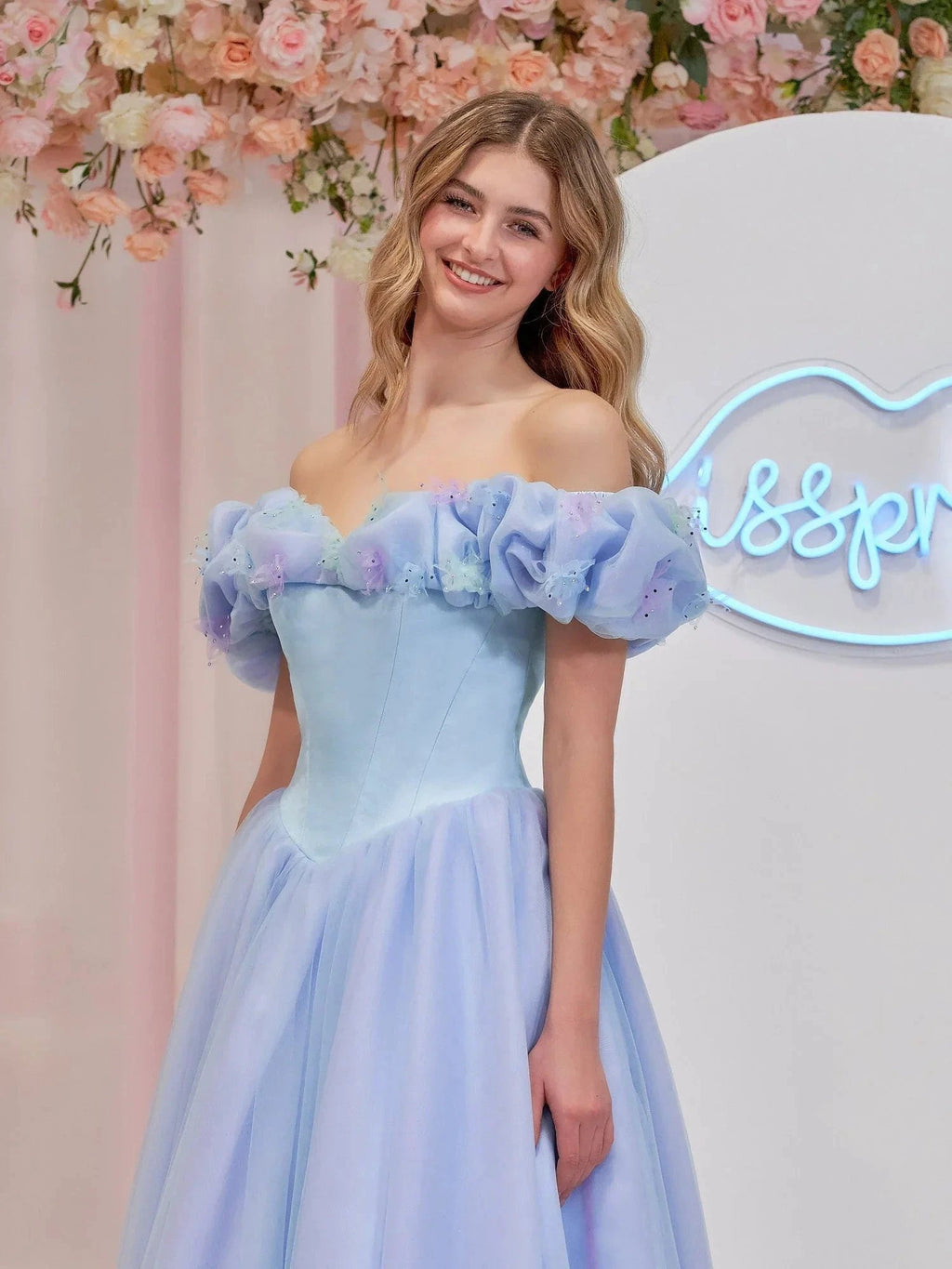 Isabel | Cinderella Blue Tulle Off the Shoulder With Crystals & Butterflies Ball Gown by KissProm