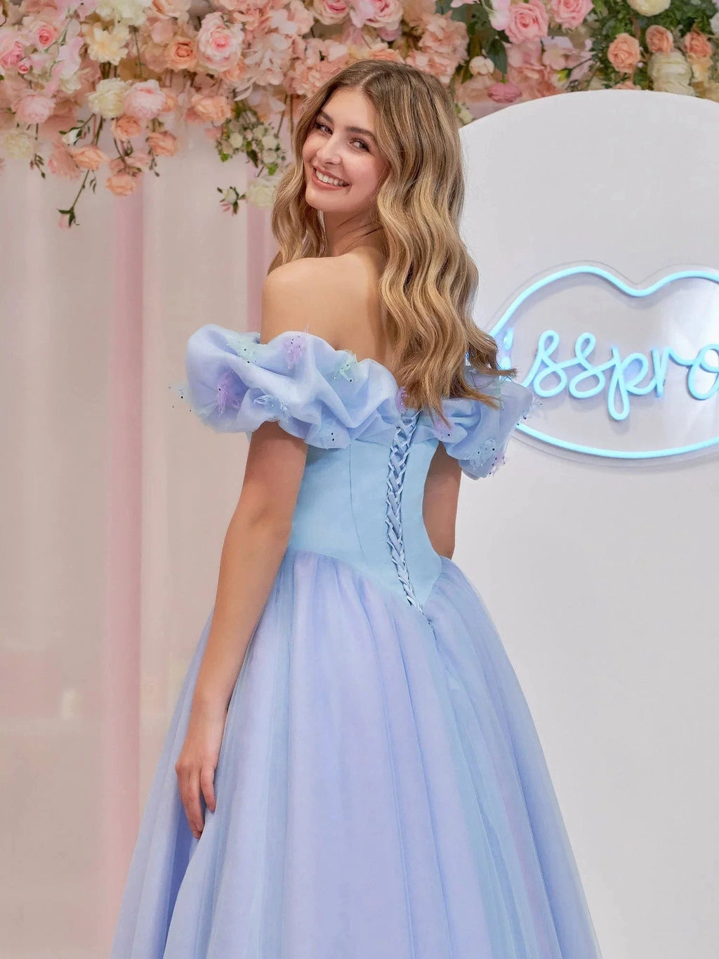 Isabel | Cinderella Blue Tulle Off the Shoulder With Crystals & Butterflies Ball Gown by KissProm