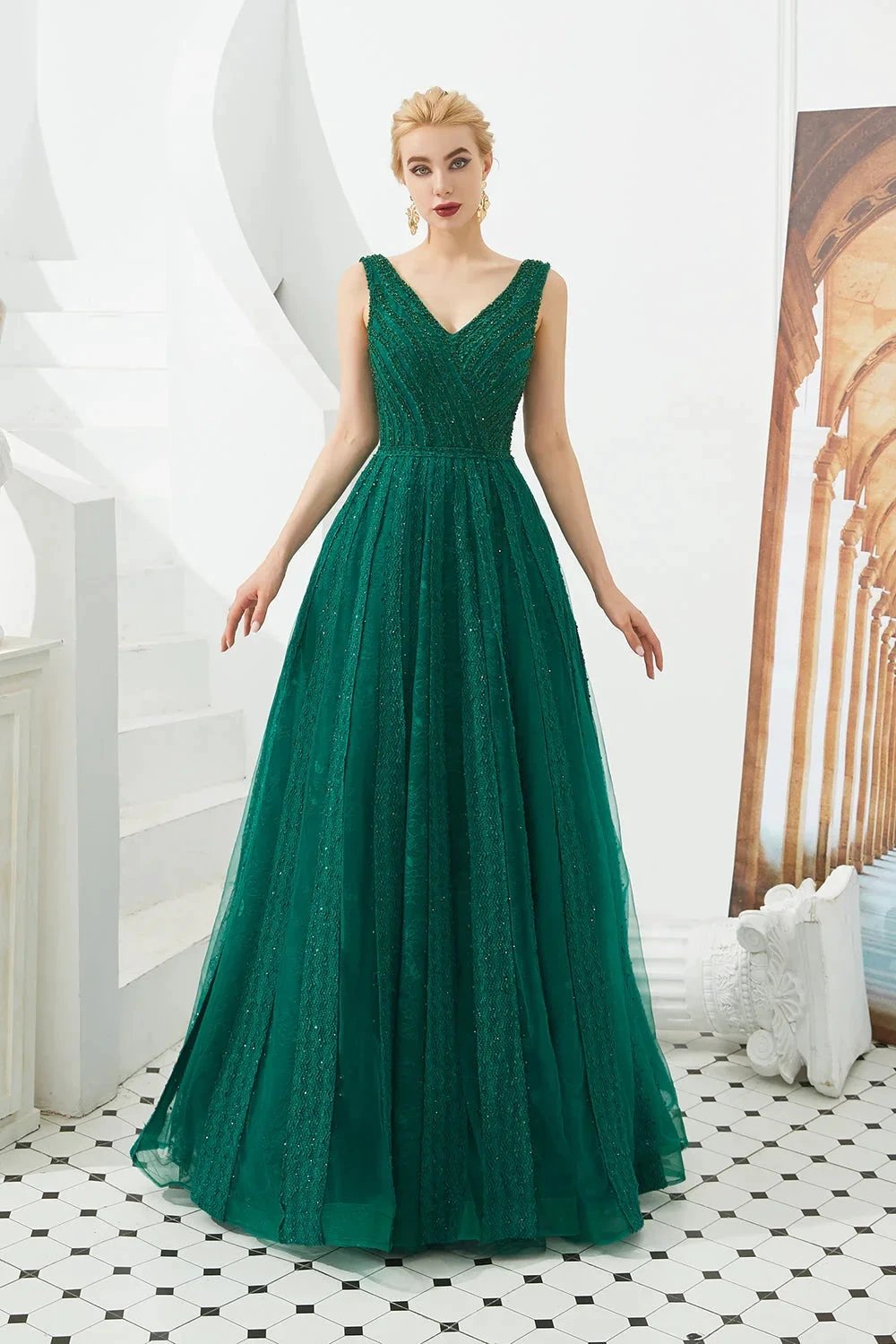 Classic Long A-line V-neck Tulle Prom Dress by BIZTUNNEL