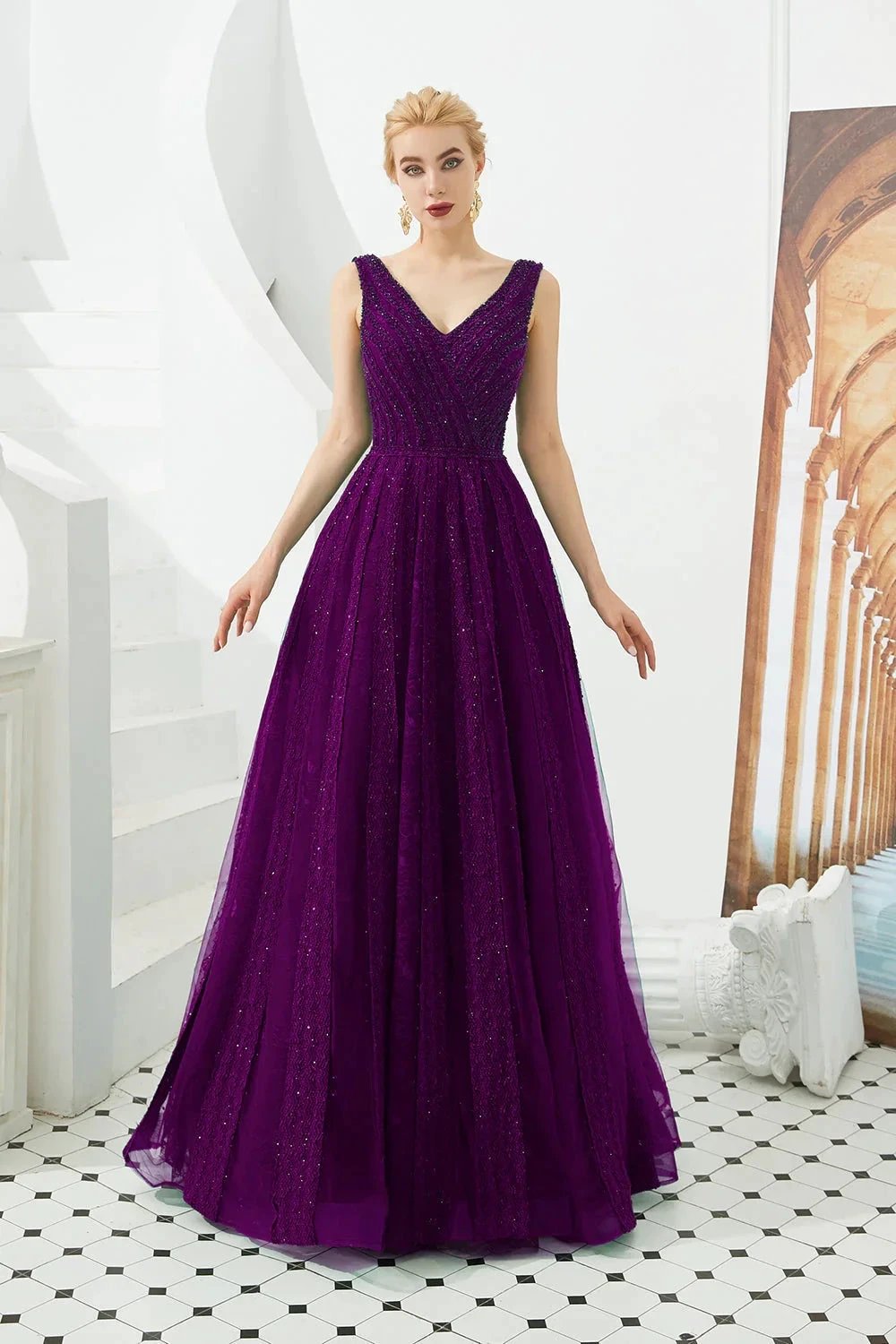 Classic Long A-line V-neck Tulle Prom Dress by BIZTUNNEL