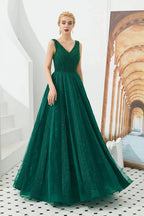 Classic Long A-line V-neck Tulle Prom Dress by BIZTUNNEL