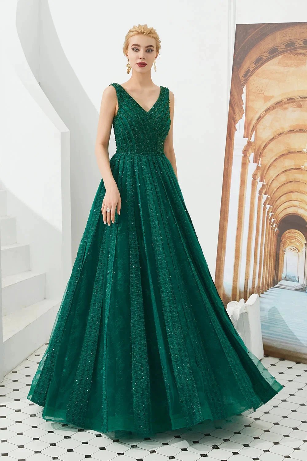 Classic Long A-line V-neck Tulle Prom Dress by BIZTUNNEL
