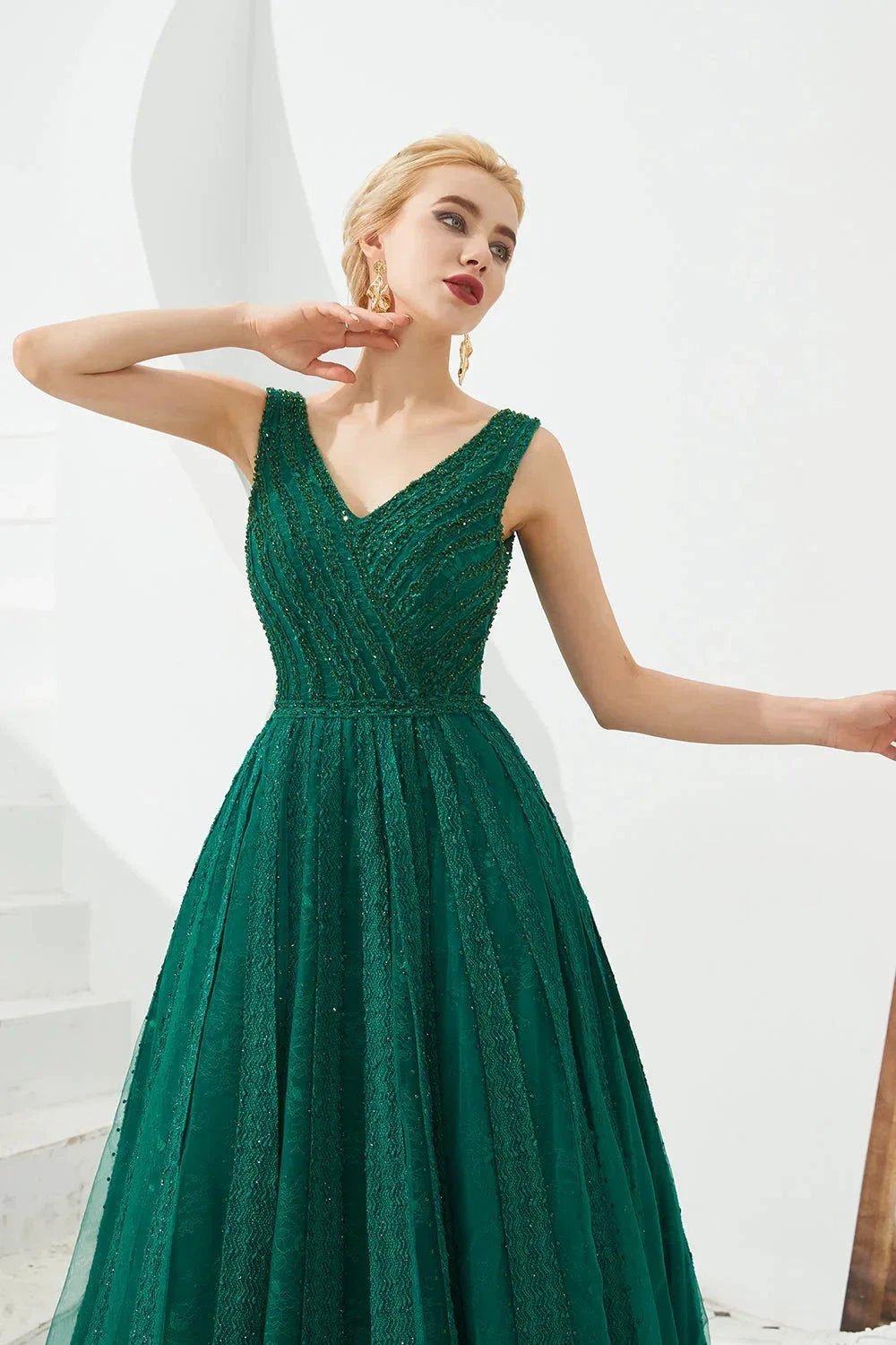 Classic Long A-line V-neck Tulle Prom Dress by BIZTUNNEL