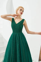 Classic Long A-line V-neck Tulle Prom Dress by BIZTUNNEL