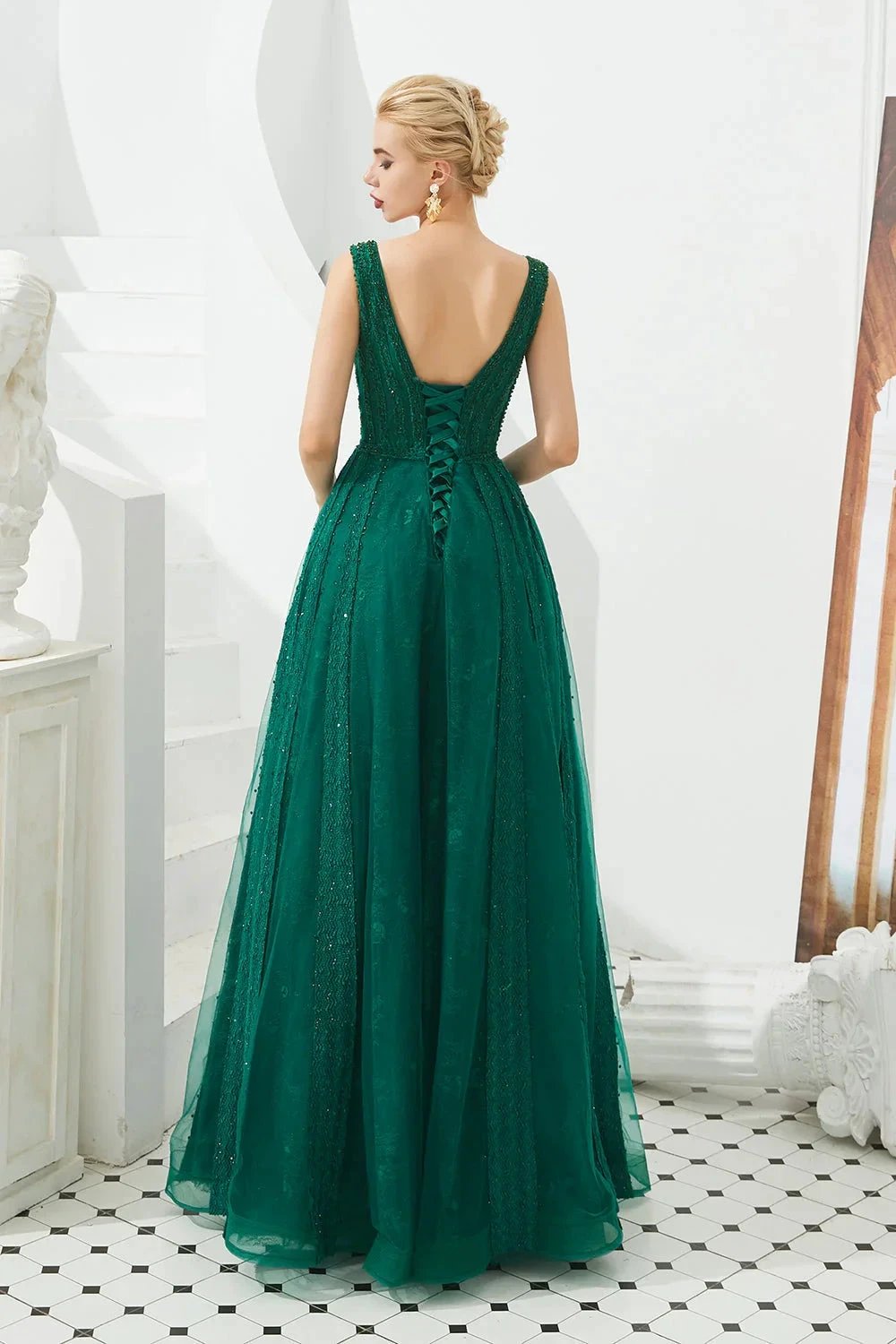 Classic Long A-line V-neck Tulle Prom Dress by BIZTUNNEL