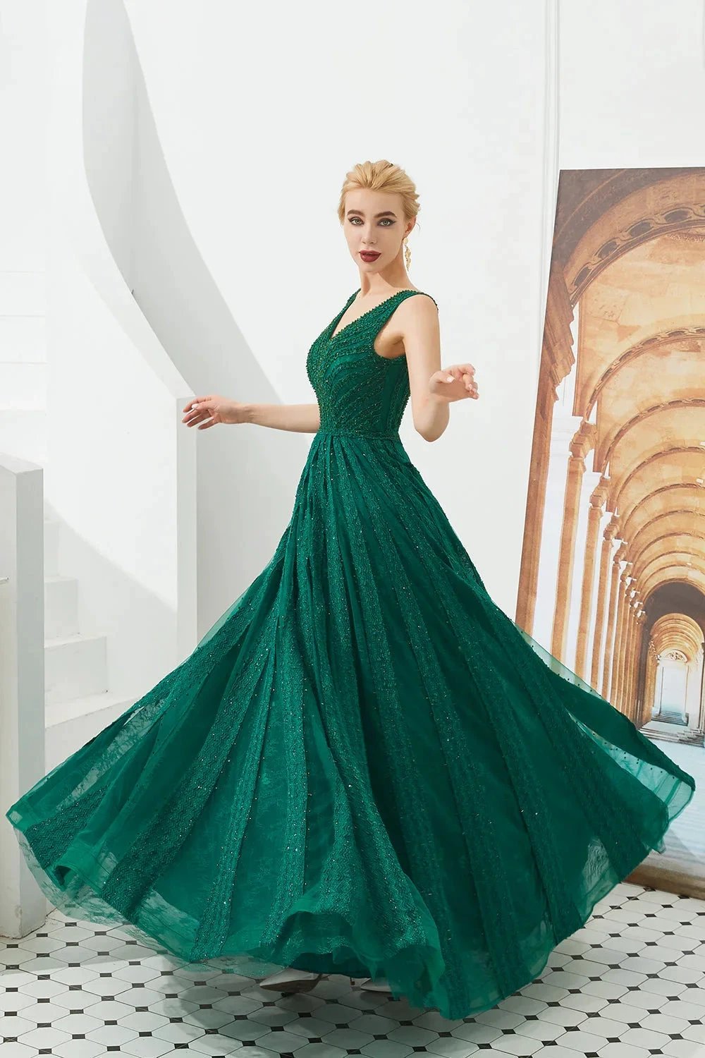 Classic Long A-line V-neck Tulle Prom Dress by BIZTUNNEL