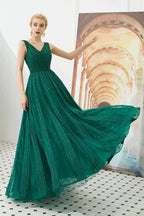 Classic Long A-line V-neck Tulle Prom Dress by BIZTUNNEL
