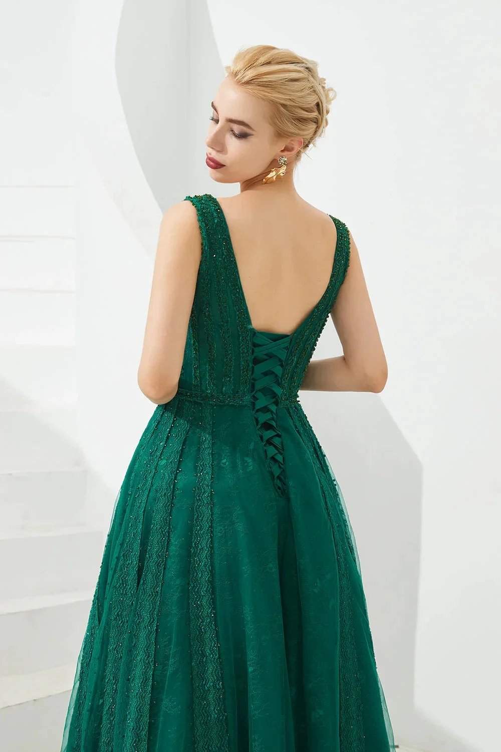 Classic Long A-line V-neck Tulle Prom Dress by BIZTUNNEL