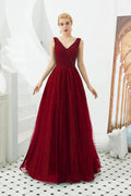 Classic Long A-line V-neck Tulle Prom Dress by BIZTUNNEL