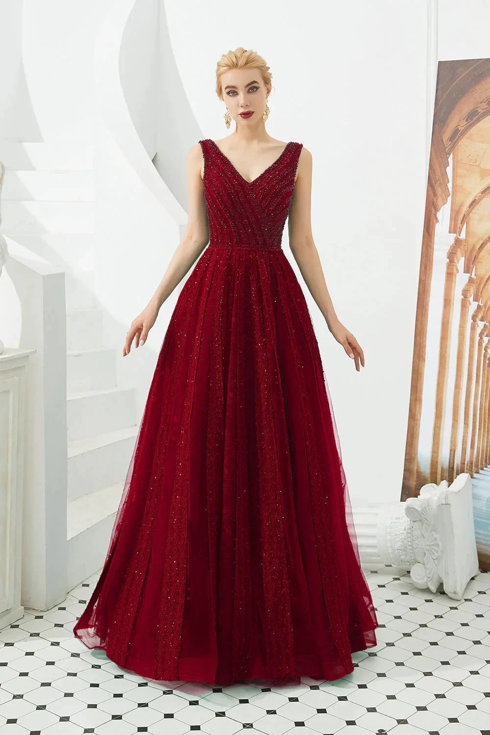 Classic Long A-line V-neck Tulle Prom Dress by BIZTUNNEL