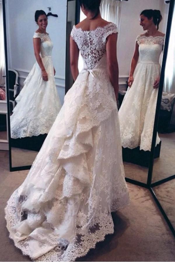 Classic Off-The-Shoulder Tiered Lace A-Line Wedding Dress WD094 by pgmdress