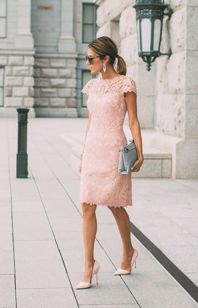 Classic Pink Short Sheath Lace Prom Dress with Sleeves Hover Image