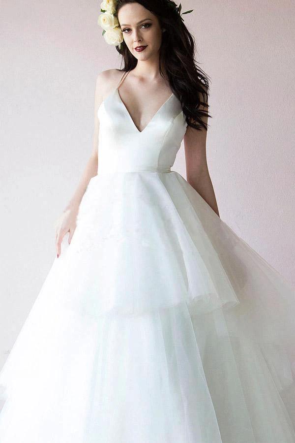 Classic Straps V Neck Ivory Long Bridal Gown Wedding Dresses WD388 by pgmdress