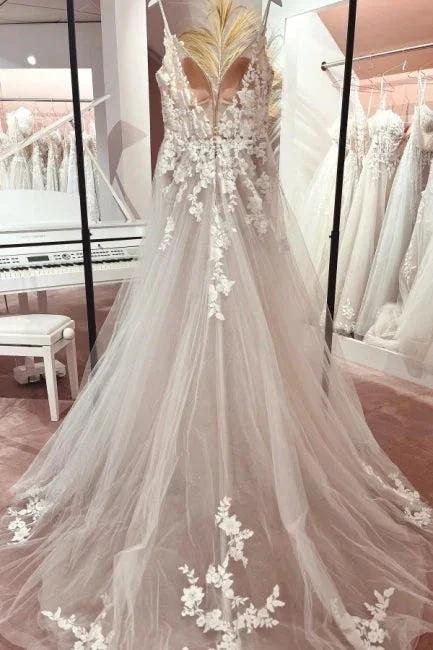Classic v-neck spaghetti straps sleeveless a-line lace Wedding dresses by misshow.com