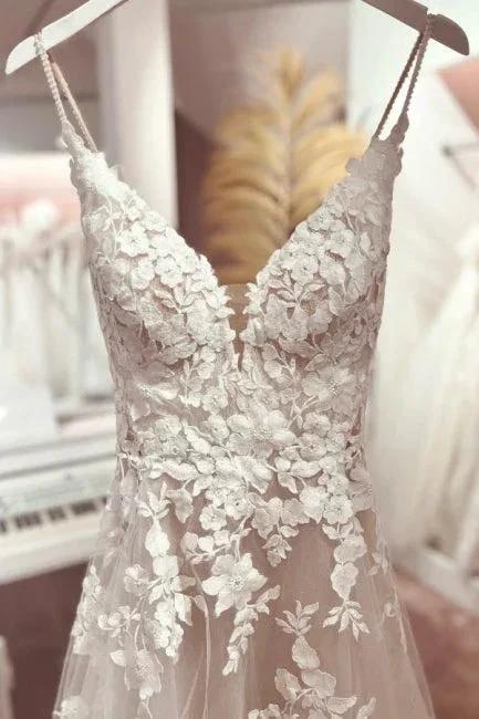 Classic v-neck spaghetti straps sleeveless a-line lace Wedding dresses by misshow.com