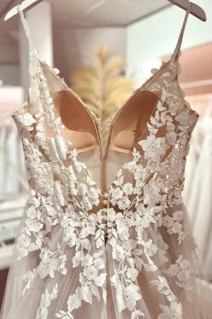 Classic v-neck spaghetti straps sleeveless a-line lace Wedding dresses by misshow.com