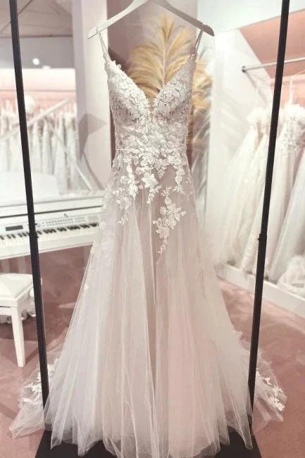 Classic v-neck spaghetti straps sleeveless a-line lace Wedding dresses by misshow.com