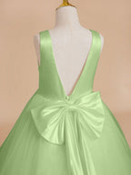 NumberSea - Classic White A - line Sleeveless Satin and Tulle Flower Girl Dress