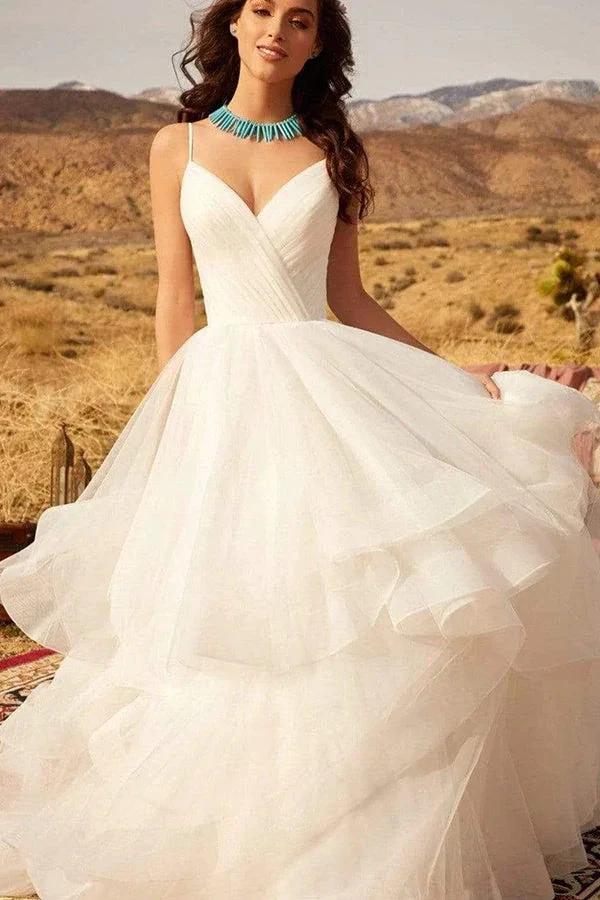 ClassicSpaghetti-Straps V-Neck Wedding Dress Ruffles Chiffon Tulle Designer Bridal Dress by misshow.com