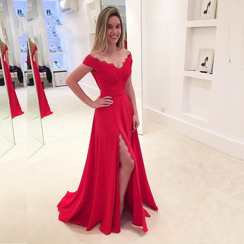 Edles, schulterfreies, langes A-Linien-Ballkleid mit Schlitz