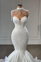 Classy Appliques Lace Tassel Sweetheart Sleeveless Chapel Mermaid Wedding Dresses by misshow.com