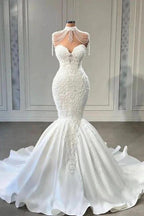 Classy Appliques Lace Tassel Sweetheart Sleeveless Chapel Mermaid Wedding Dresses by misshow.com