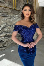 Classy Blue Sequins Sweetheart Off-the-shoulder Floor-length Column Prom Dresses by misshow.com