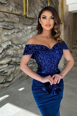 Classy Blue Sequins Sweetheart Off-the-shoulder Floor-length Column Prom Dresses