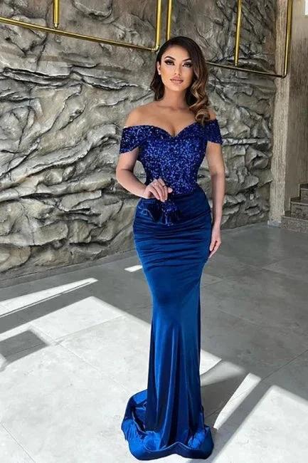 Classy Blue Sequins Sweetheart Off-the-shoulder Floor-length Column Prom Dresses by misshow.com