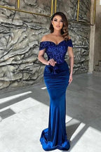 Classy Blue Sequins Sweetheart Off-the-shoulder Floor-length Column Prom Dresses by misshow.com