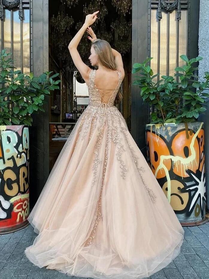 Classy Long A-line Bateau Appliques Lace Tulle Backless Prom Dress by BIZTUNNEL