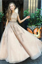 Classy Long A-line Bateau Appliques Lace Tulle Backless Prom Dress by BIZTUNNEL