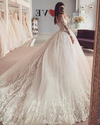 Classy Long A-Line Bateau Appliques Lace Tulle Wedding Dress with Sleeves by BIZTUNNEL